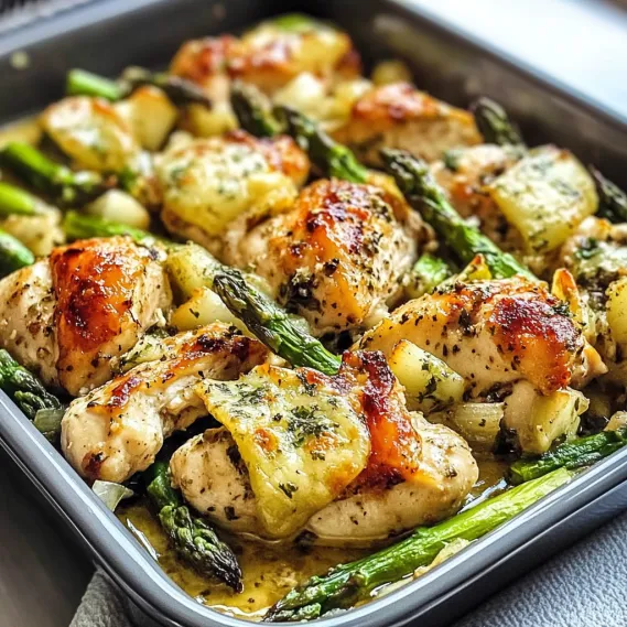 A pan of chicken and asparagus.