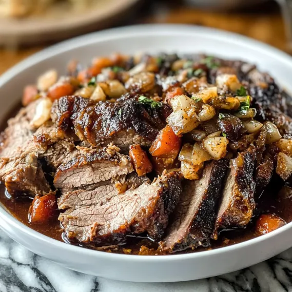 A bowl of stew with meat and vegetables.