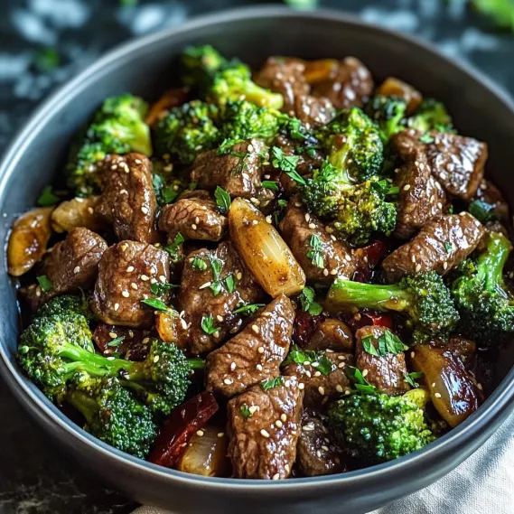 A bowl of beef and broccoli.