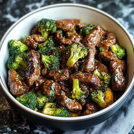 A bowl of beef and broccoli.