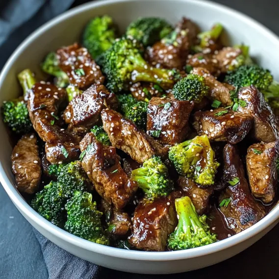 A bowl of beef and broccoli.