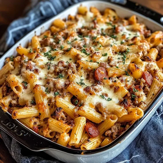 A white bowl filled with pasta and meat.