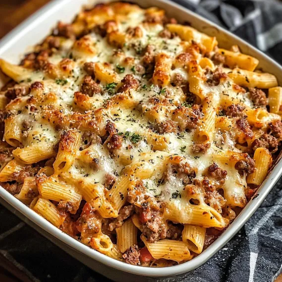 A white bowl with a casserole of pasta and meat.