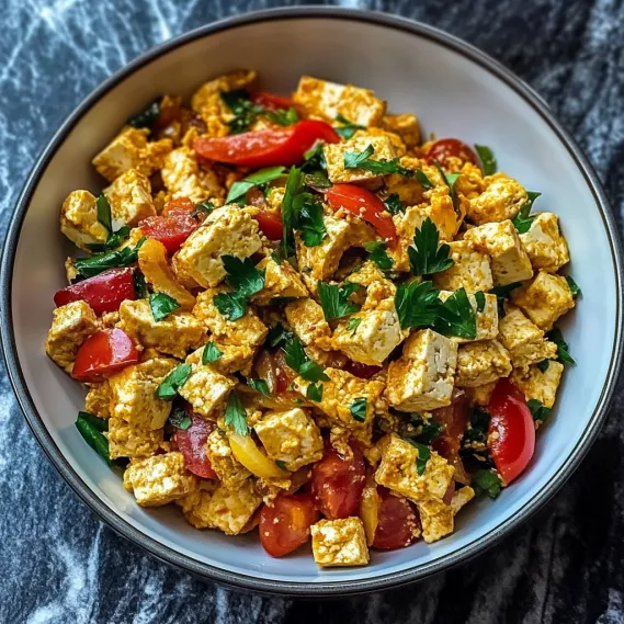 A bowl of food with tomatoes, onions, and herbs.