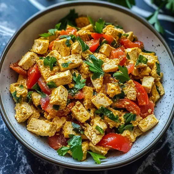 A bowl of food with tomatoes and herbs.