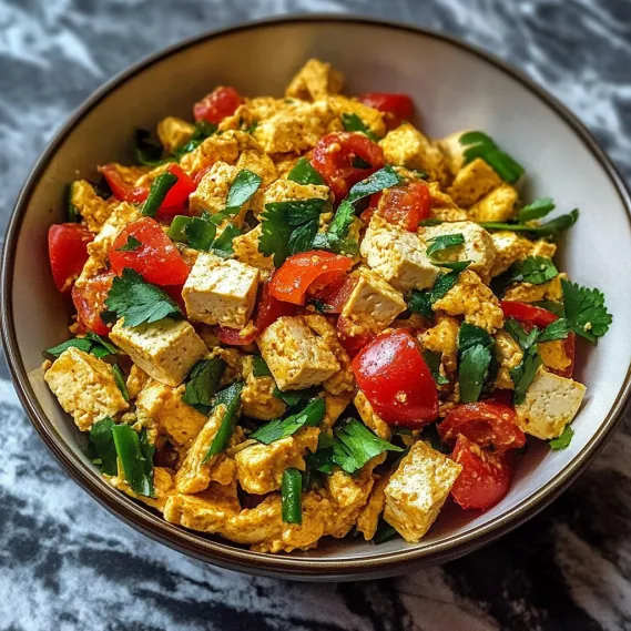 A bowl of food with tomatoes, cucumbers, and tofu.