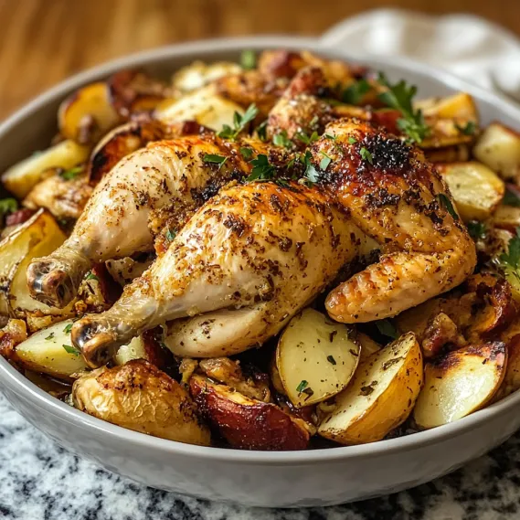A bowl of chicken and potatoes.