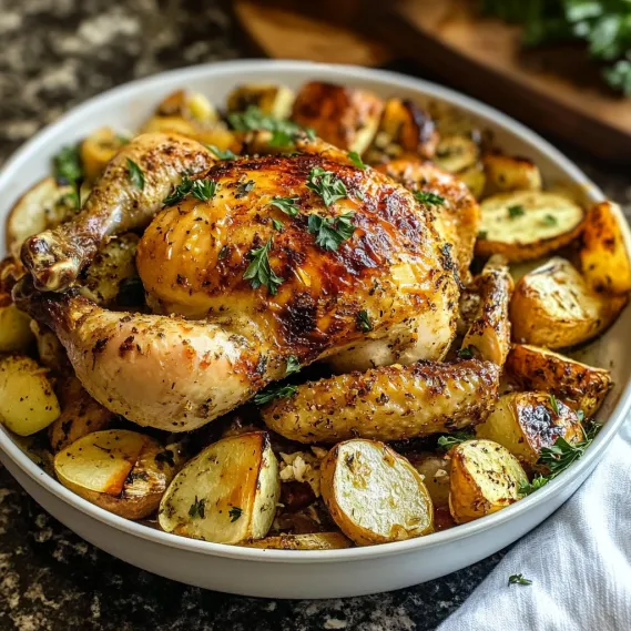 A white bowl filled with chicken and potatoes.