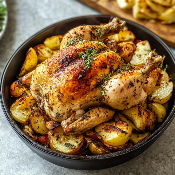 A roasted chicken with potatoes and herbs.