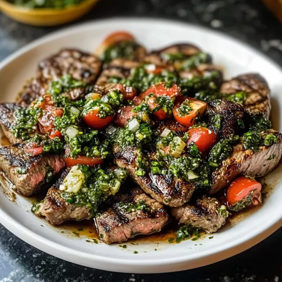 A plate of meat with tomatoes and green stuff on it.