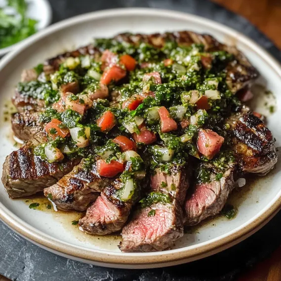 A plate of meat with tomatoes and basil on top.