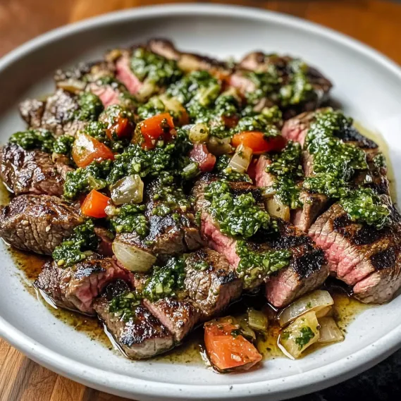 A plate of meat with green sauce on it.