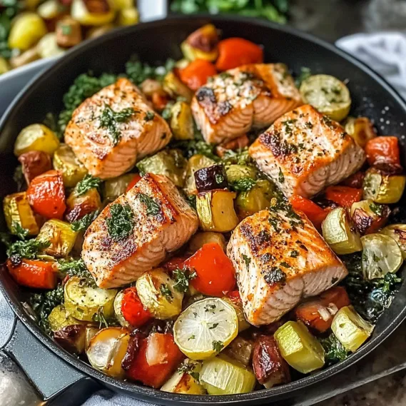A pan of food with fish and vegetables.