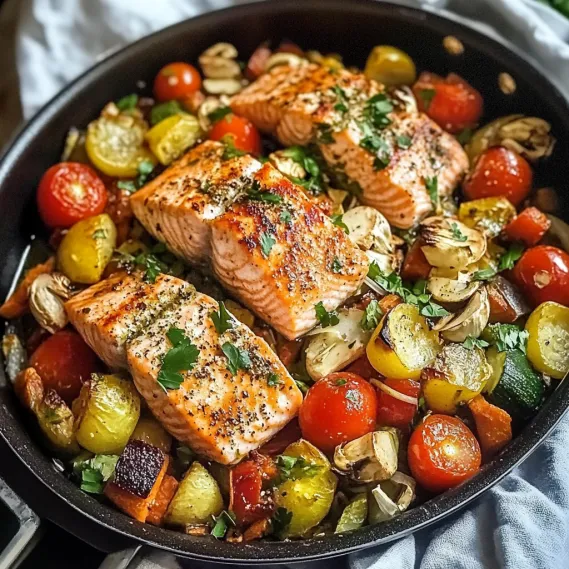 A pan of food with fish and vegetables.
