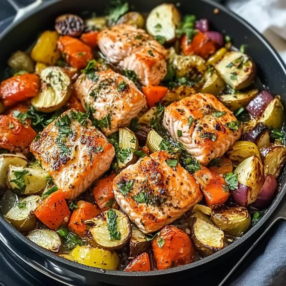A pan of food with fish and vegetables.