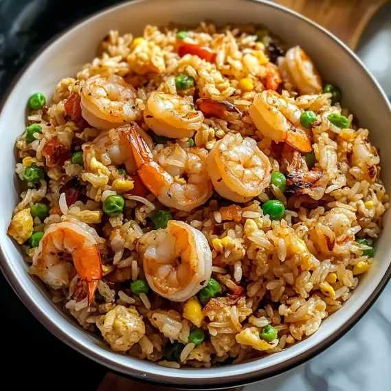 A bowl of rice with shrimp and peas.