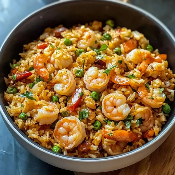 A bowl of rice with shrimp and peas.