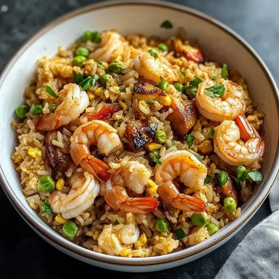 A bowl of rice with shrimp and peas.