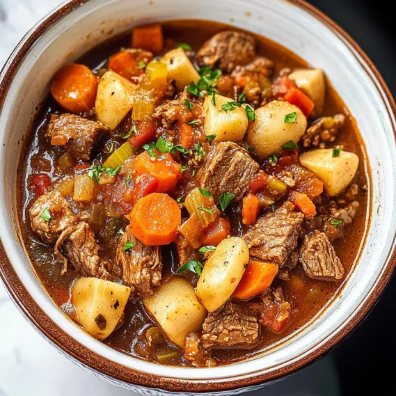 A bowl of stew with meat and vegetables.