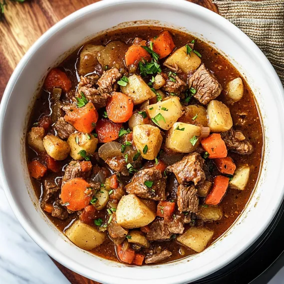 A bowl of stew with meat and vegetables.
