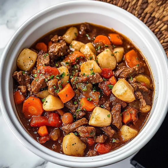 A bowl of beef stew with carrots and potatoes.