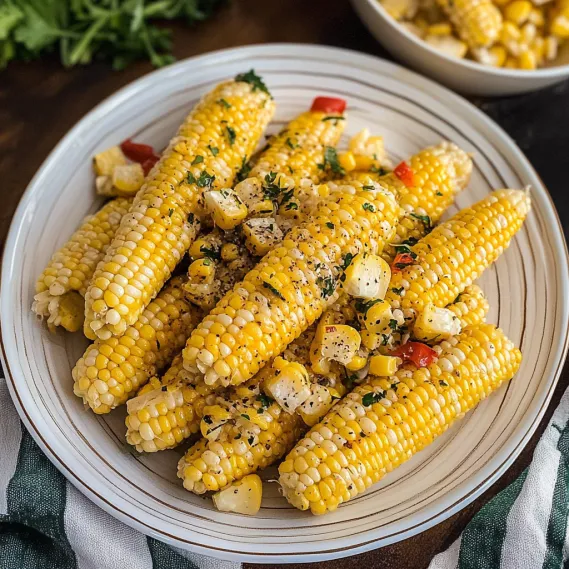 A plate of corn with tomatoes and cheese.