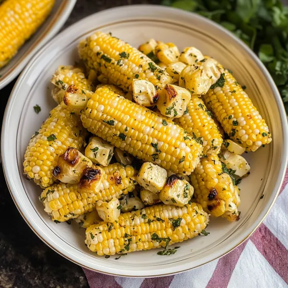 A bowl of corn on the cob with cheese and herbs.