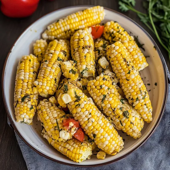 A bowl of corn with tomatoes and cheese.