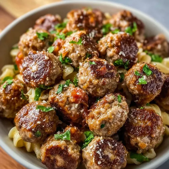 A bowl of meatballs and pasta.