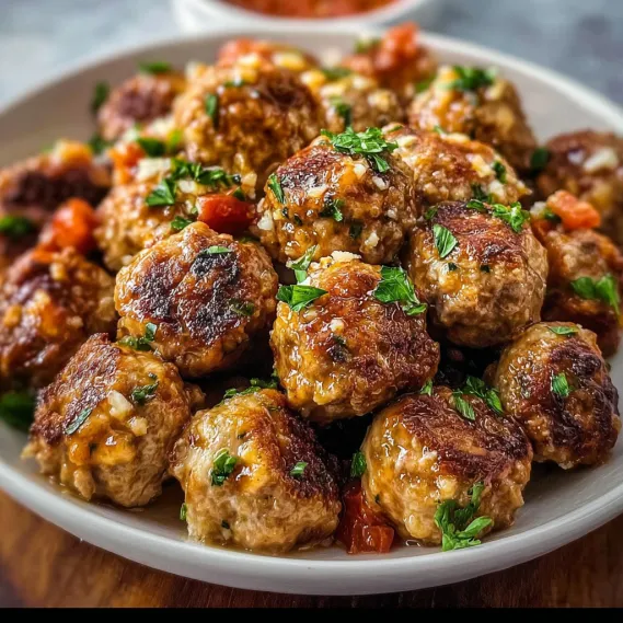 A bowl of meatballs with herbs and tomatoes.