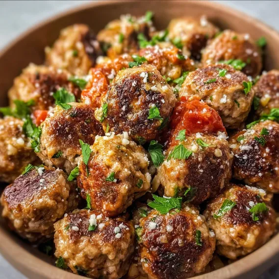 A bowl of meatballs with tomatoes and herbs.