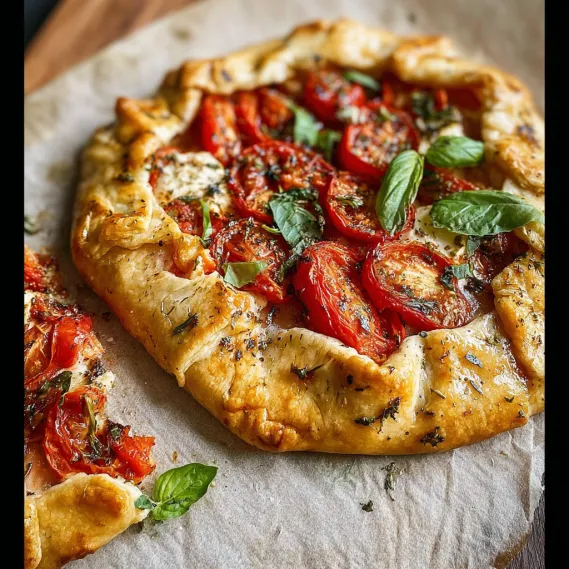 A pizza with tomatoes and basil on a wooden table.
