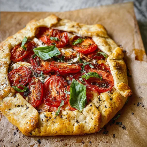 A pizza with tomatoes and basil on a paper towel.