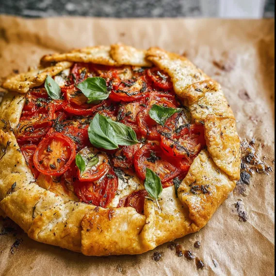 A pizza with tomatoes and basil on a table.