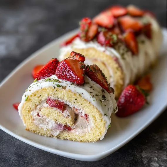 A plate with a cake roll and strawberries.