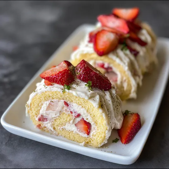 A plate of cake with strawberries on top.