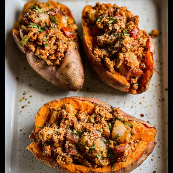 Two sliced baked potatoes with meat and vegetables.