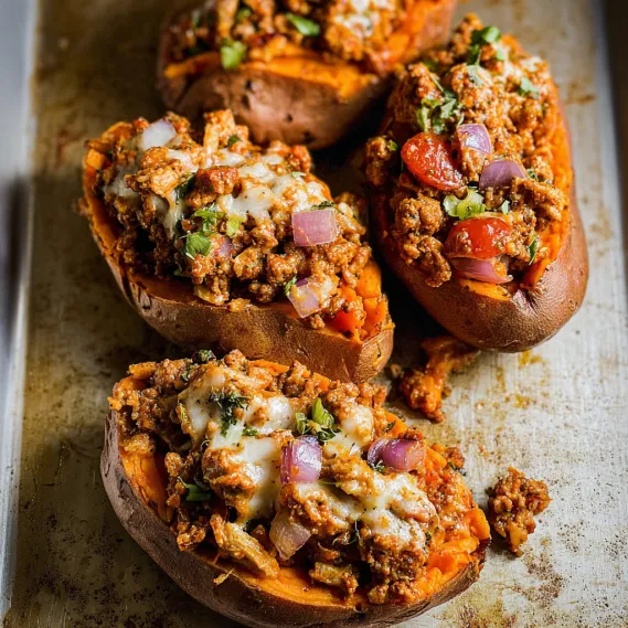 A plate of food with a baked potato and meat.