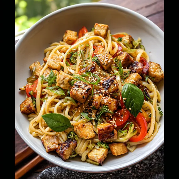 A bowl of pasta with vegetables and tofu.