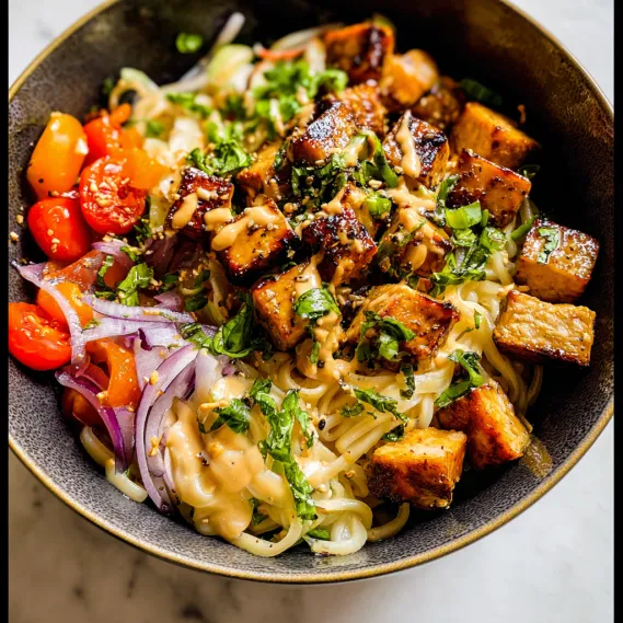 A bowl of food with noodles, tomatoes, onions, and meat.