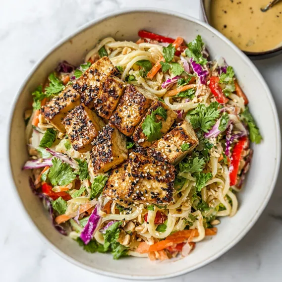 A bowl of food with tofu, carrots, and noodles.