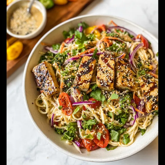 A bowl of food with noodles, tomatoes, and onions.