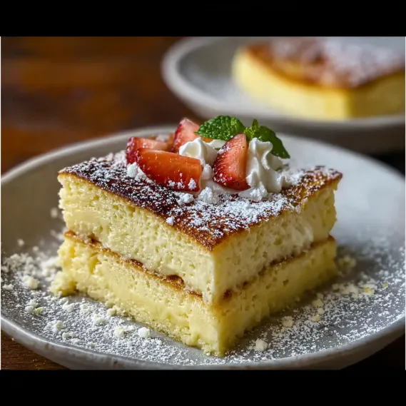 A slice of cake with strawberries and whipped cream.