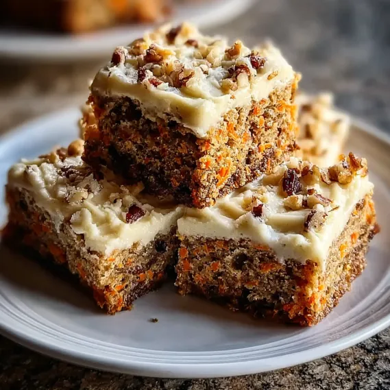 A stack of carrot cake bars on a plate.