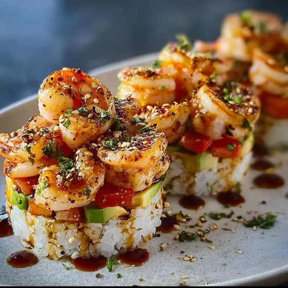 Sushi rolls with shrimp, avocado, and tomato.