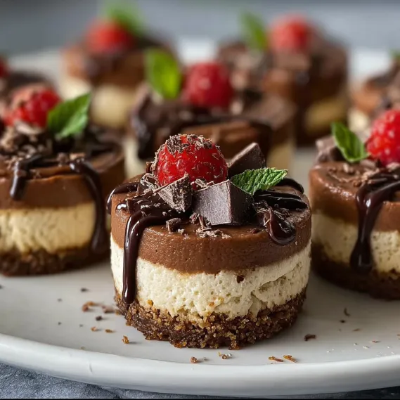 A plate of chocolate desserts with raspberries on top.