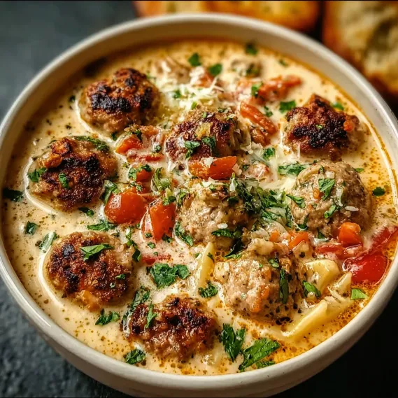 A bowl of soup with meatballs and tomatoes.