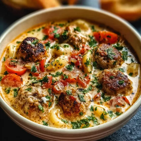A bowl of soup with meatballs and tomatoes.