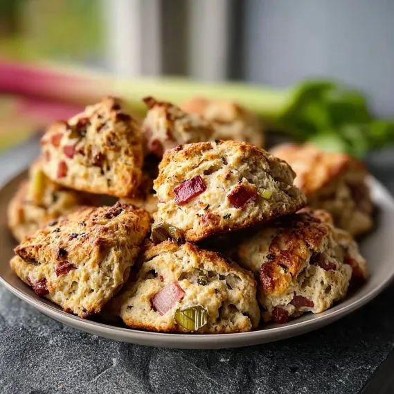 A plate of biscuits with bacon and cheese.