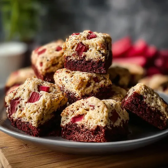 A plate of brownies with red fruit on top.